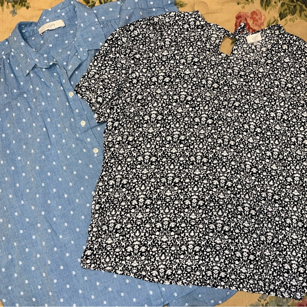 Two LOFT blouses Blue Polka Dot Button-Up & Black Floral Short-Sleeve both XL